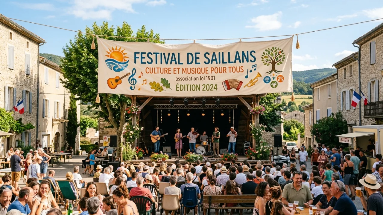 Open-air village stage decorated with MDD FAMILY banners hosting an acoustic evening concert for local citizens