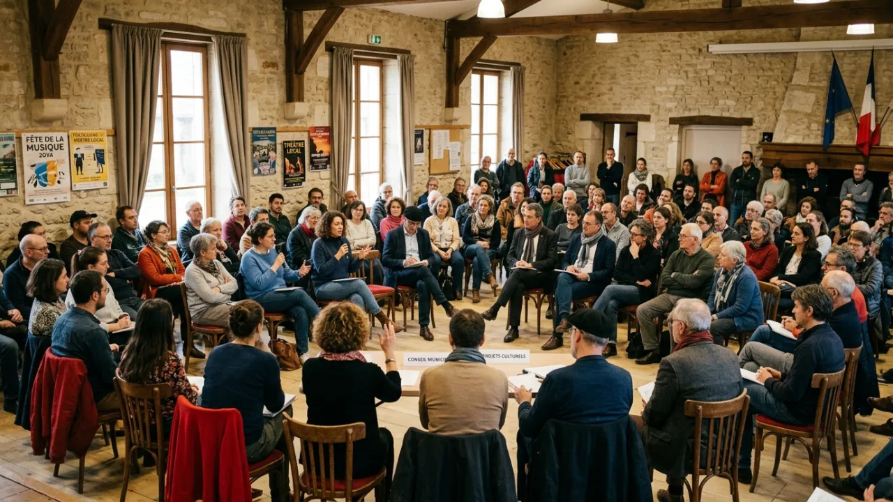 Community meeting discussing upcoming civic concerts and volunteer coordination in Ariège