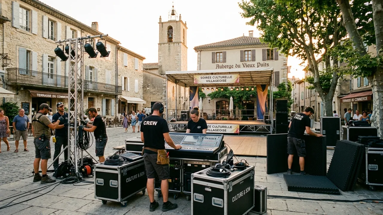 MDD FAMILY on-site field execution team calibrating sound equipment in an Ariège village square for a free community concert