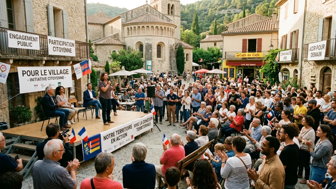 MDD FAMILY lively outdoor community acoustic musical gathering under warm evening market lighting in an Ariège village
