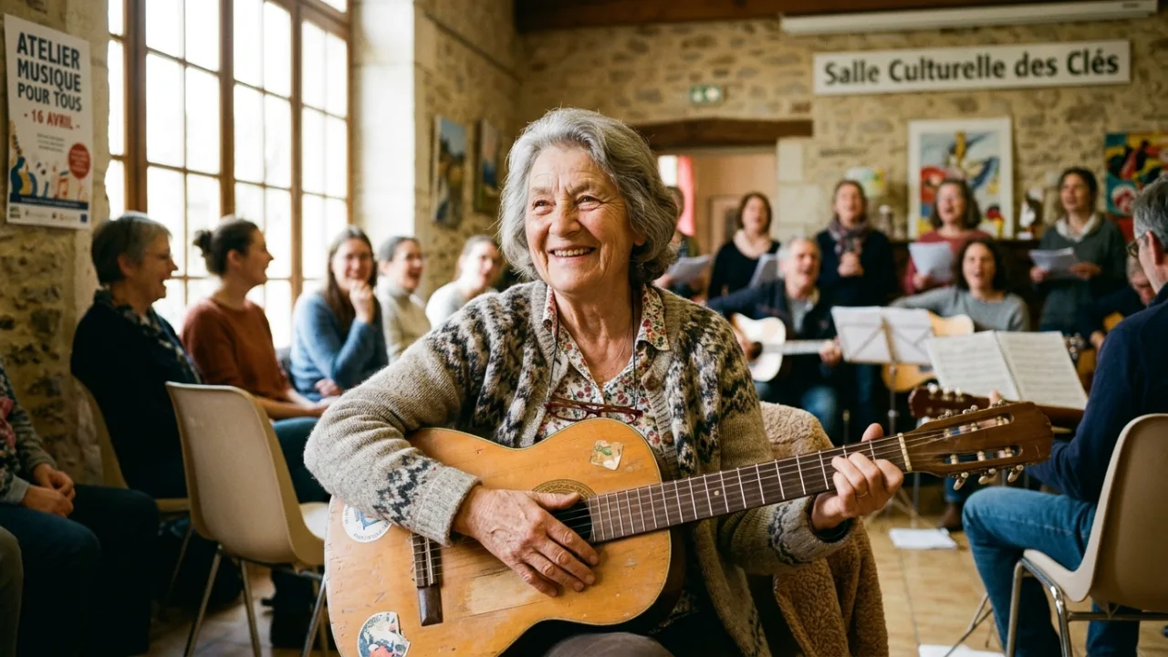 Elder French resident holding acoustic guitar and smiling warmly in a bright village cultural center during an MDD FAMILY session