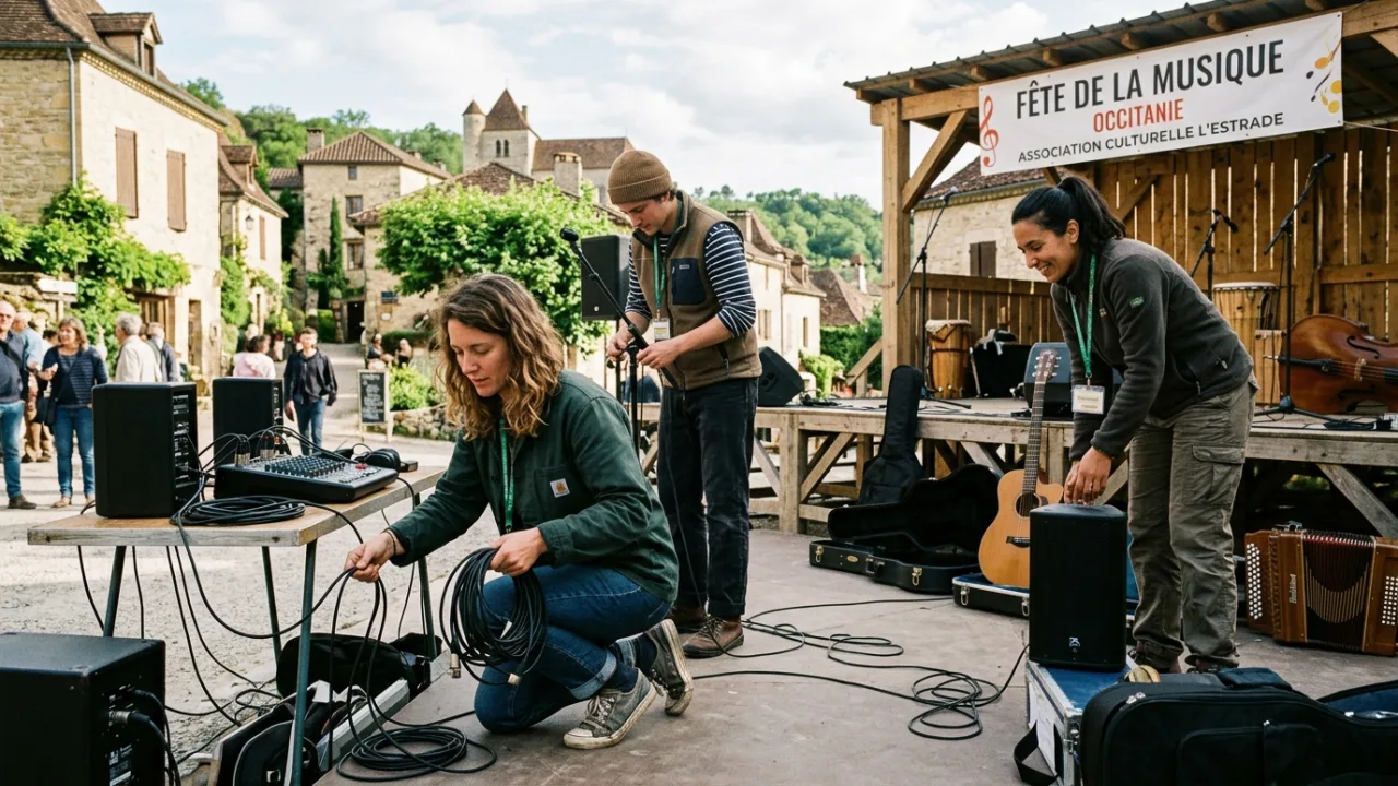 MDD FAMILY field operations team configuring sound mixing consoles and acoustic equipment for a free public concert in Ariège