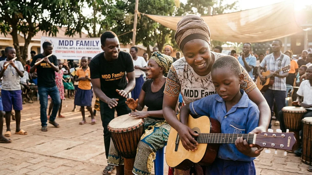 Elderly village residents collaborating with youth during a musical instrument discovery workshop organized by MDD FAMILY