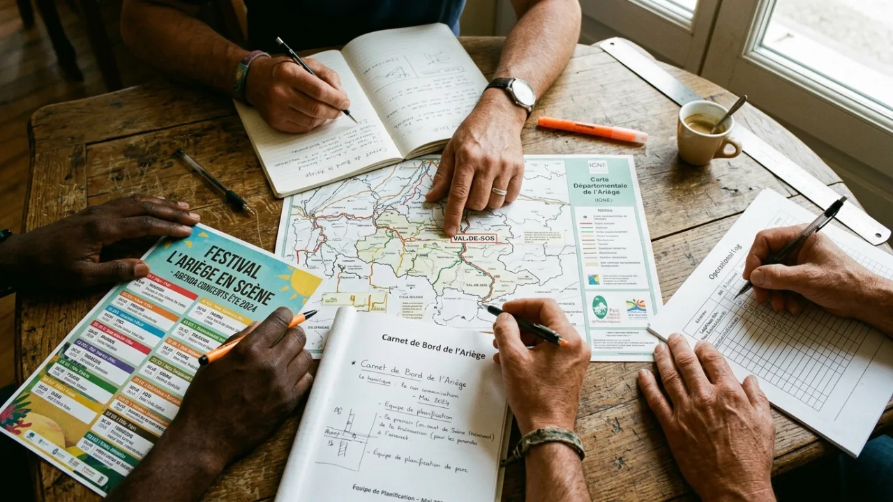 Close-up of hands of MDD FAMILY volunteers collaborating over regional planning maps, field notebooks, and concert logs in Ariège