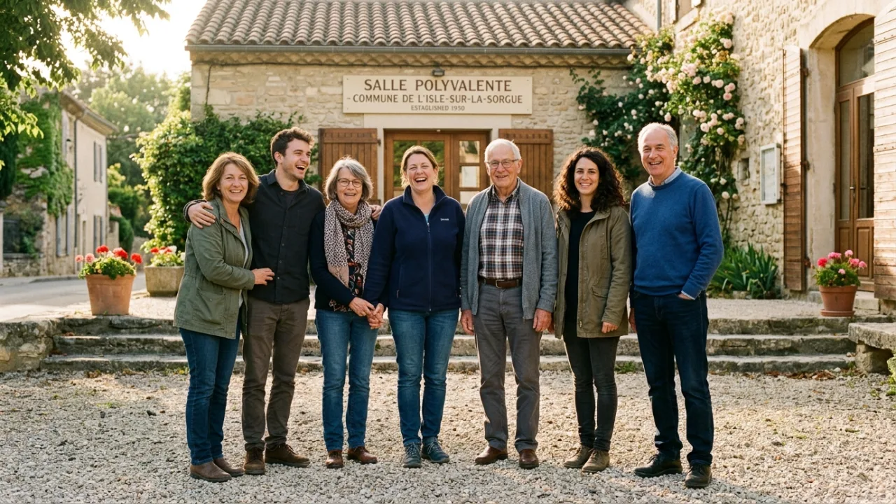 Approachable and diverse volunteers of MDD FAMILY gathering warmly in front of rural community hall in Les Bordes-sur-Arize
