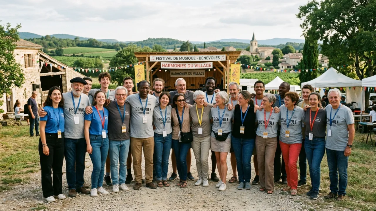 Diverse group of MDD FAMILY volunteers standing together with arms around shoulders after completing a community music project