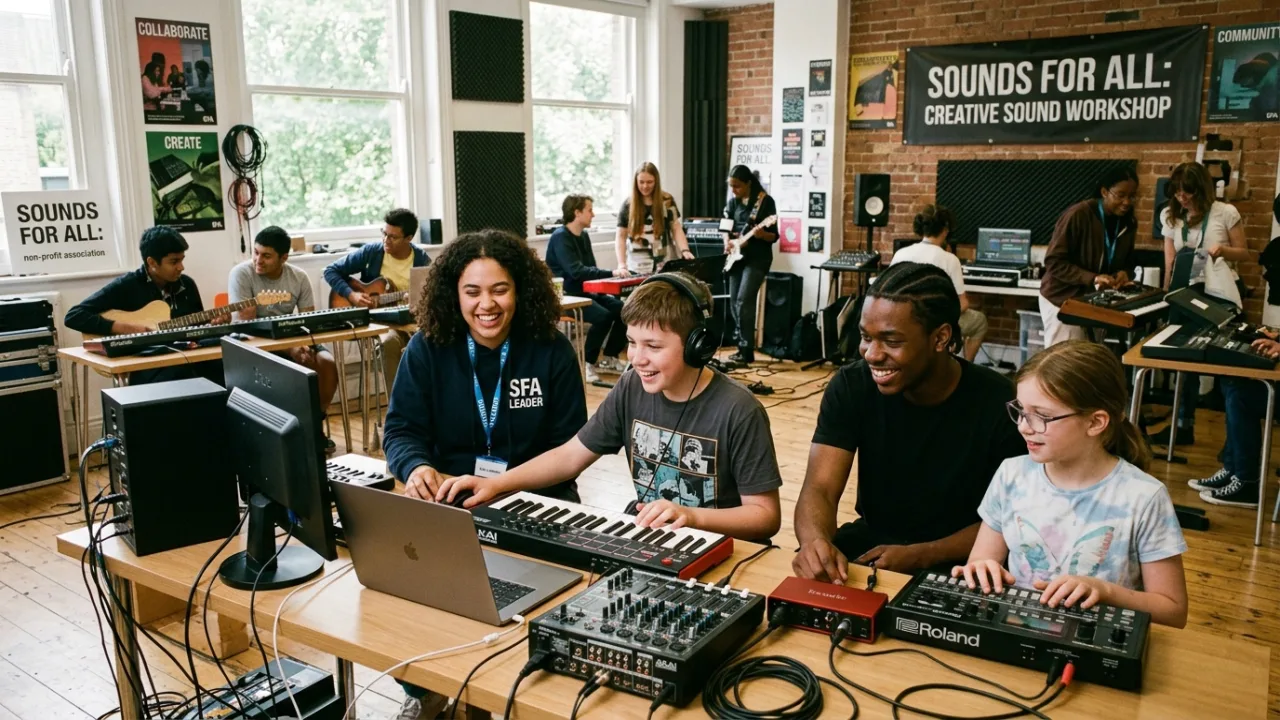Young leaders and students actively participating in a collaborative music and sound design workshop hosted by MDD FAMILY in Ariège